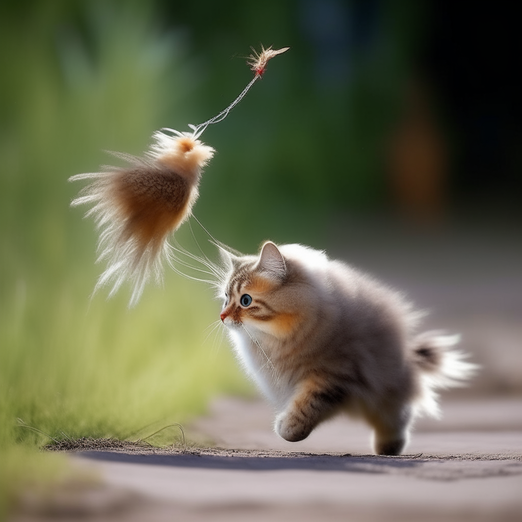 A fluffy friend chasing a feather on a string