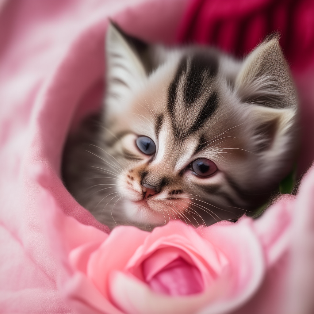 A kitten curled up inside a pink rose