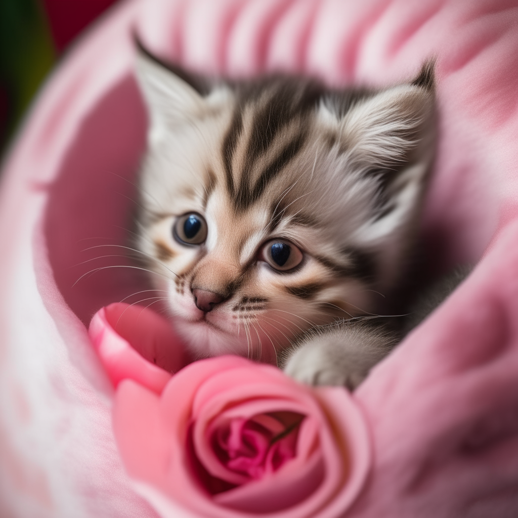 A kitten curled up inside a pink rose
