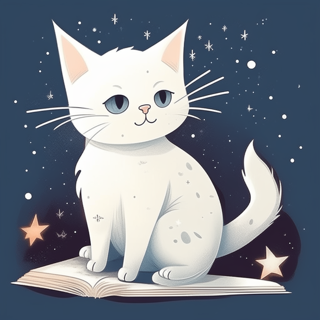un gatito blanco acurrucado dentro de una brillante estrella de cinco puntas, estilo ilustración de libro infantil