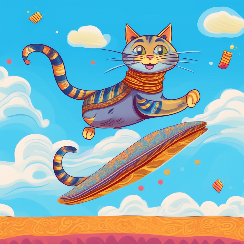 A cartoon cat flying happily on a colorful, patterned magic carpet against a blue sky background