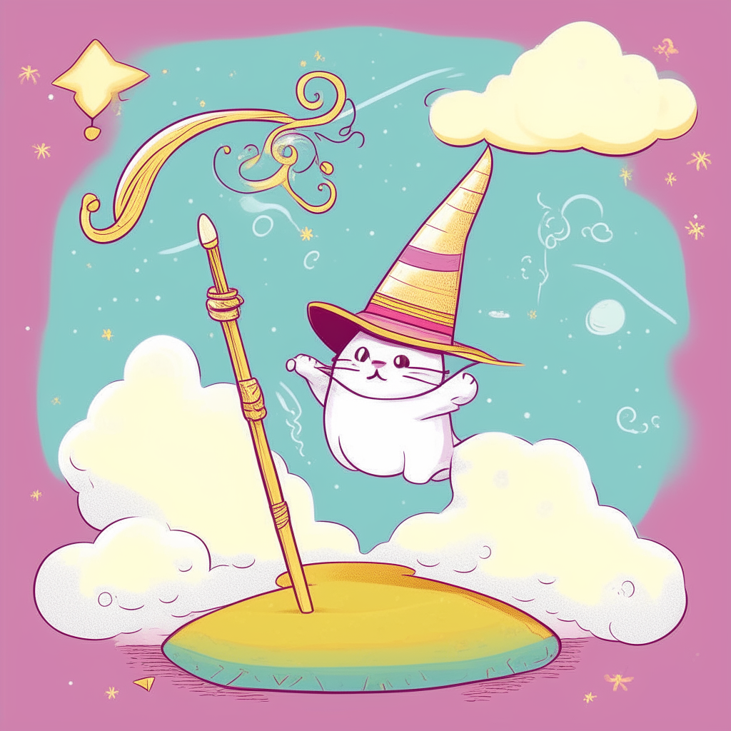 A cartoon cat wearing a wizard's hat, using a magic wand to control a flying carpet through the clouds