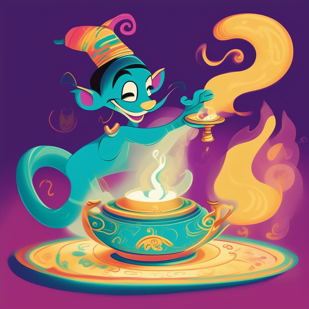 A cartoon cat rubbing Aladdin's lamp, which is magically granting the cat three wishes as colorful smoke emerges