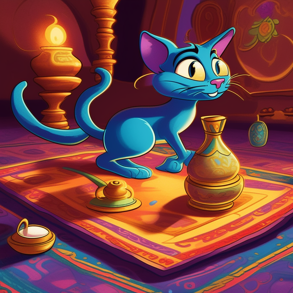 A cartoon cat curiously inspecting a colorful, ornate Aladdin's lamp resting on a rug