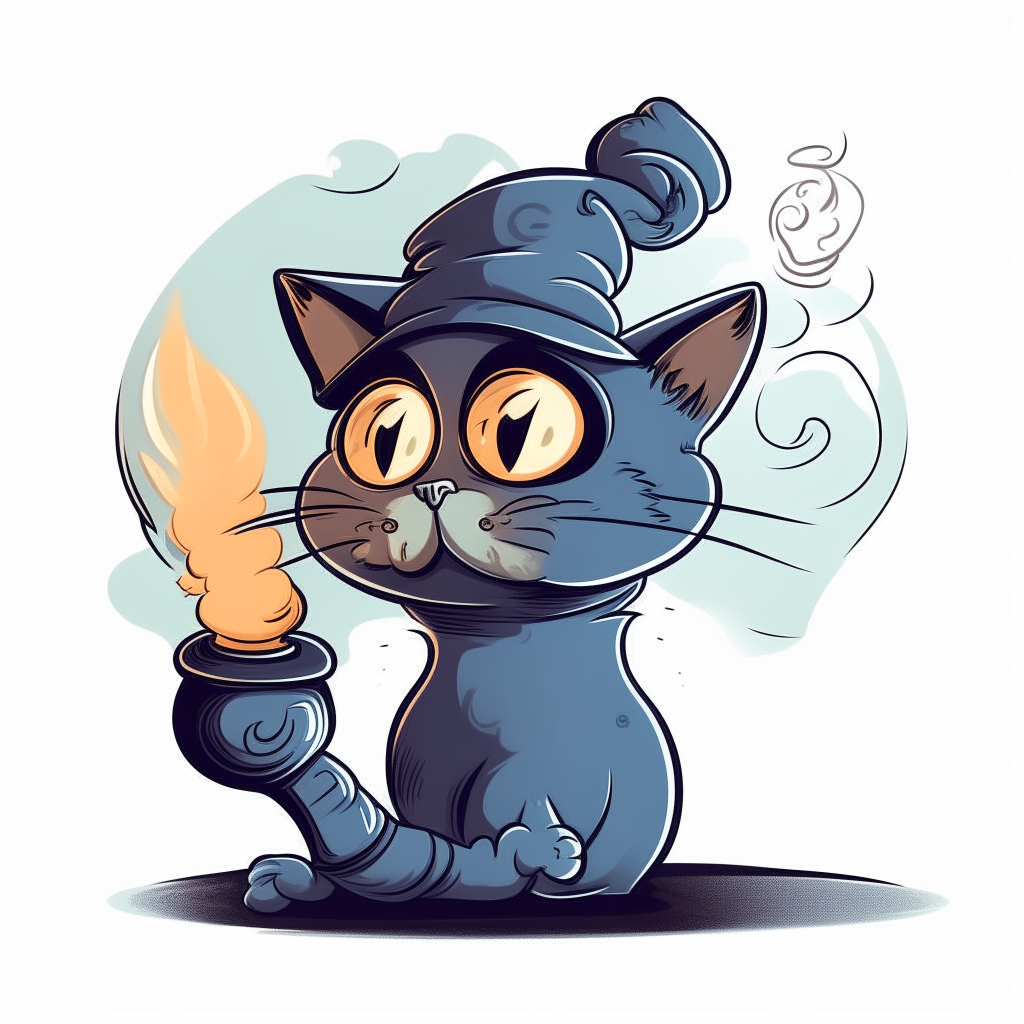 A cartoon cat peeking its head out of a smoking magic lamp, looking surprised by the experience