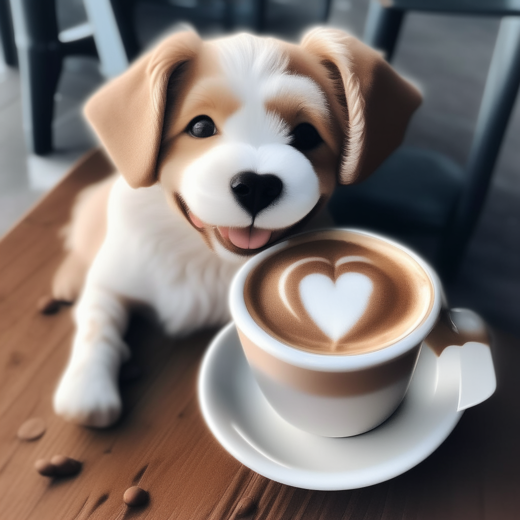 a happy puppy drinking a latte with heart-shaped foam art