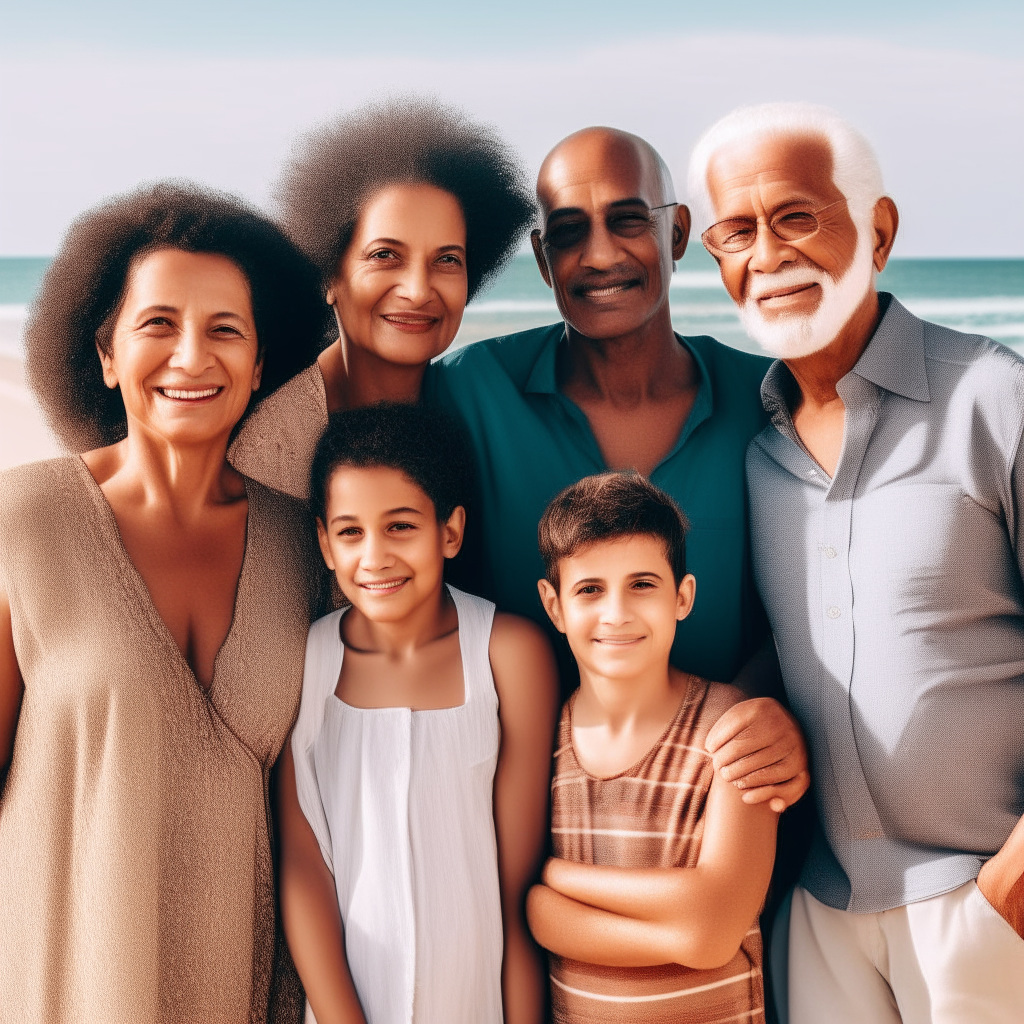 A picture of a multicultural family with grandparents by the beach