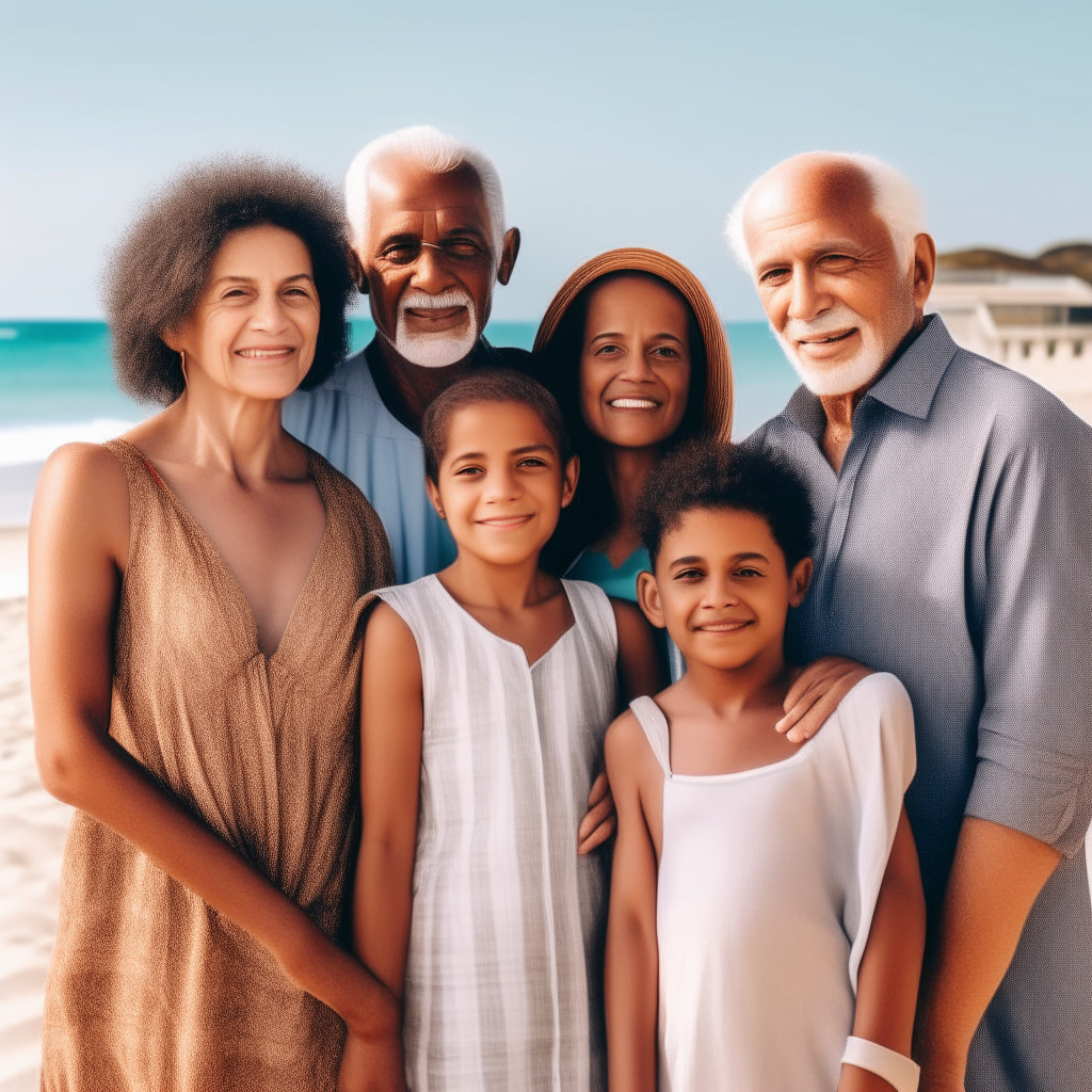 A picture of a multicultural family with grandparents by the beach