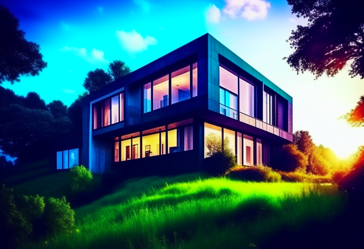 modern villa, photographic, 8k, ralistic render, big windows, in the landscape, tall trees, fantastic villa, 