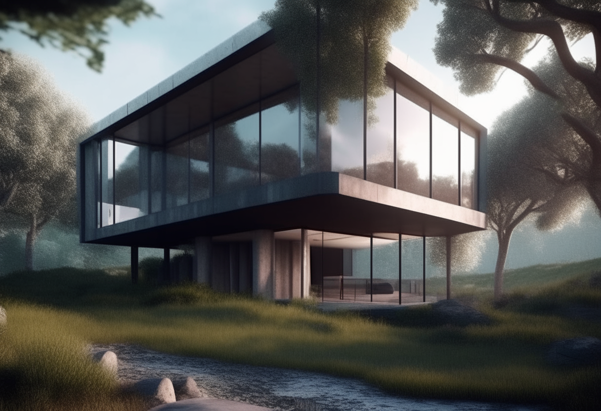 parametric modern villa, photographic, 8k, ralistic render, big windows, in the landscape, tall trees, fantastic villa, 