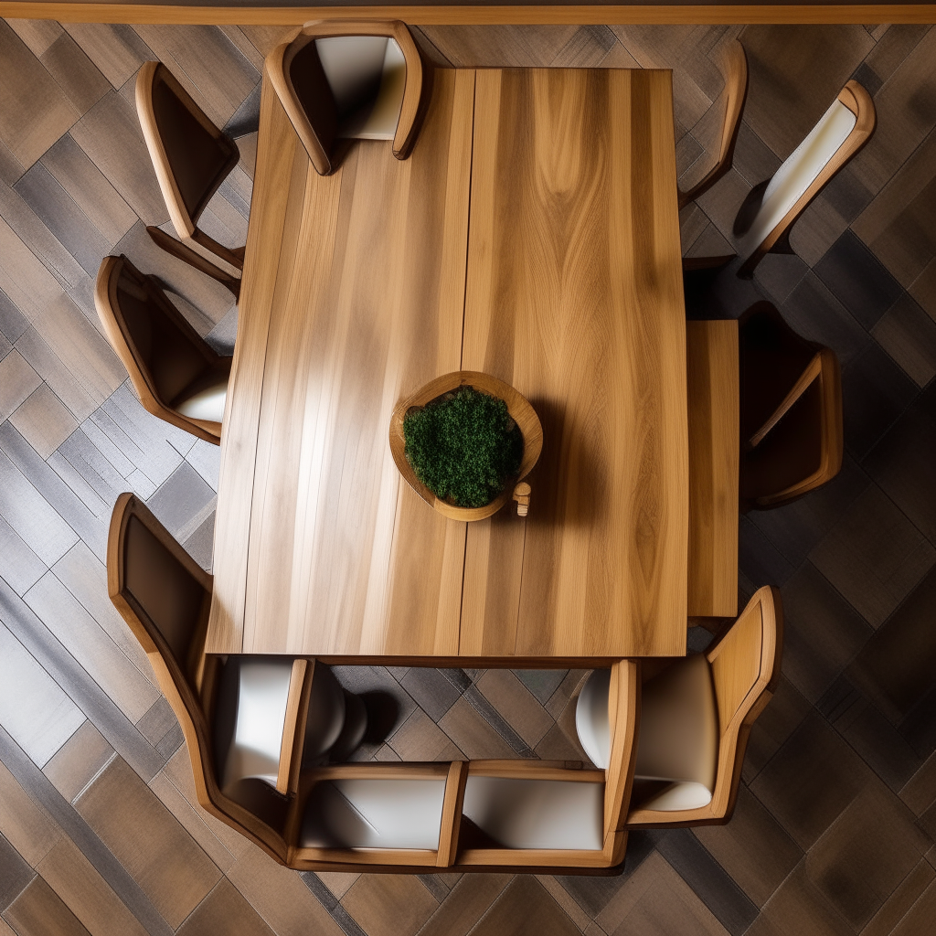 A wooden restaurant table with four chairs pushed in, viewed from above at a 45 degree angle.