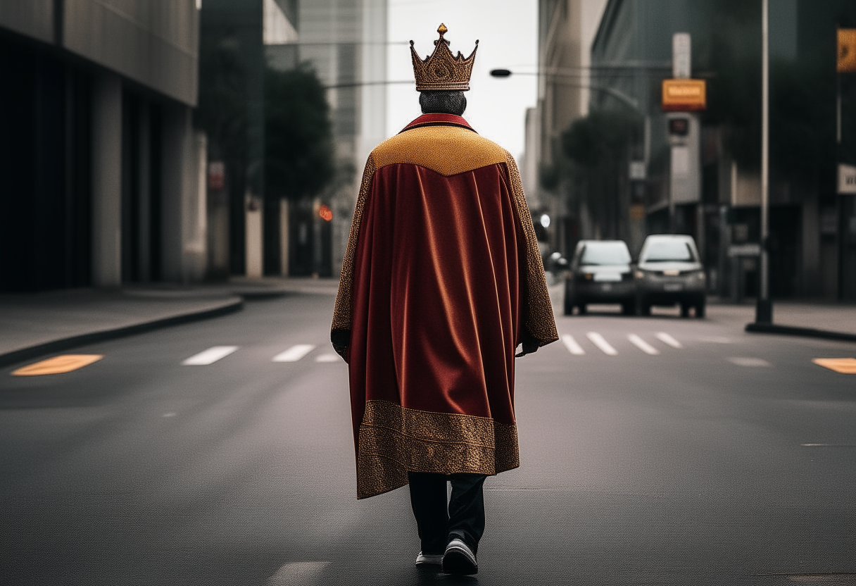 A king walking in the street 