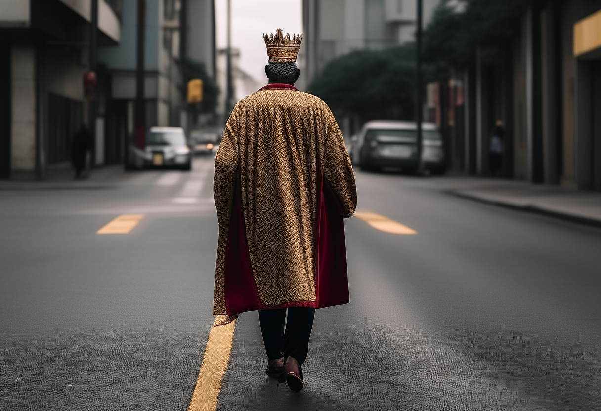 A king walking in the street 