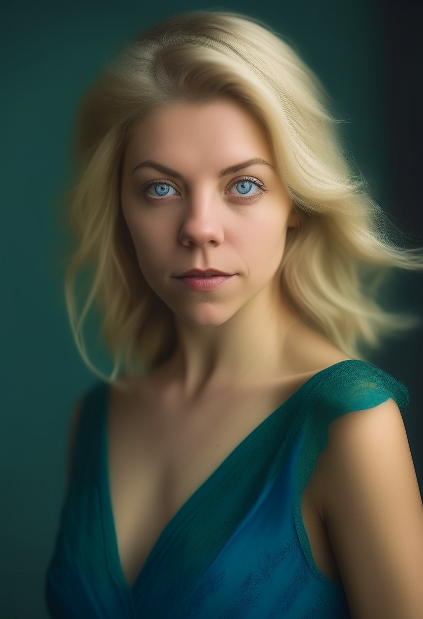 woman with blonde hair and green eyes wearing a blue dress, portrait