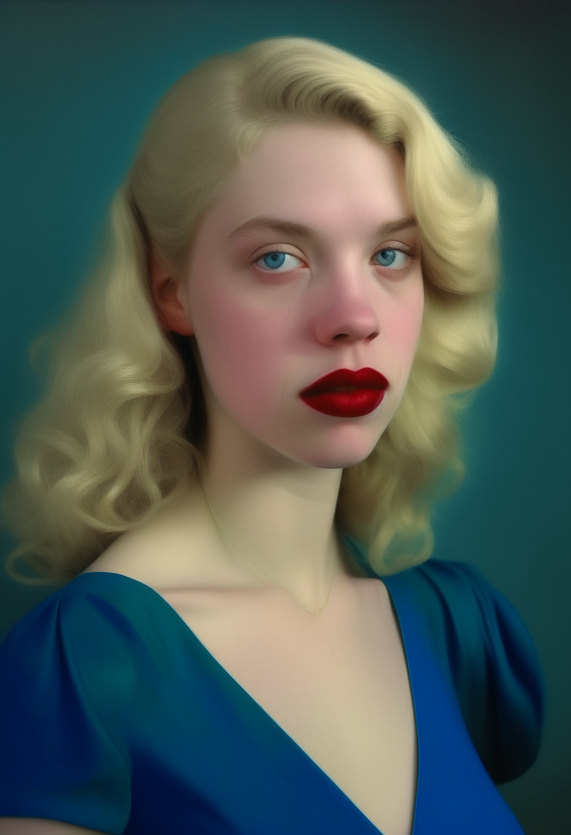 portrait of a woman with blonde hair, green eyes, pale skin, and red lips wearing a blue dress