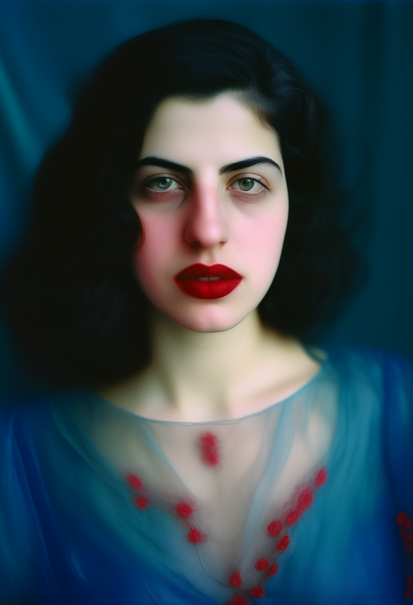 portrait of a 25 year old arabian woman with dark hair, green eyes, pale skin, and red lips, wearing a blue transparent dress that covers her body