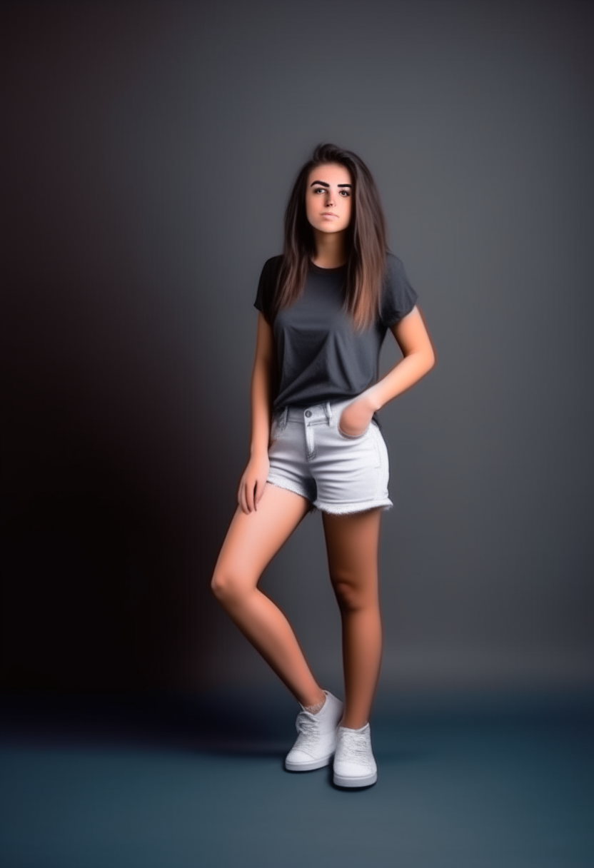 beautiful young brunette woman wearing shorts and a t-shirt, full body shot