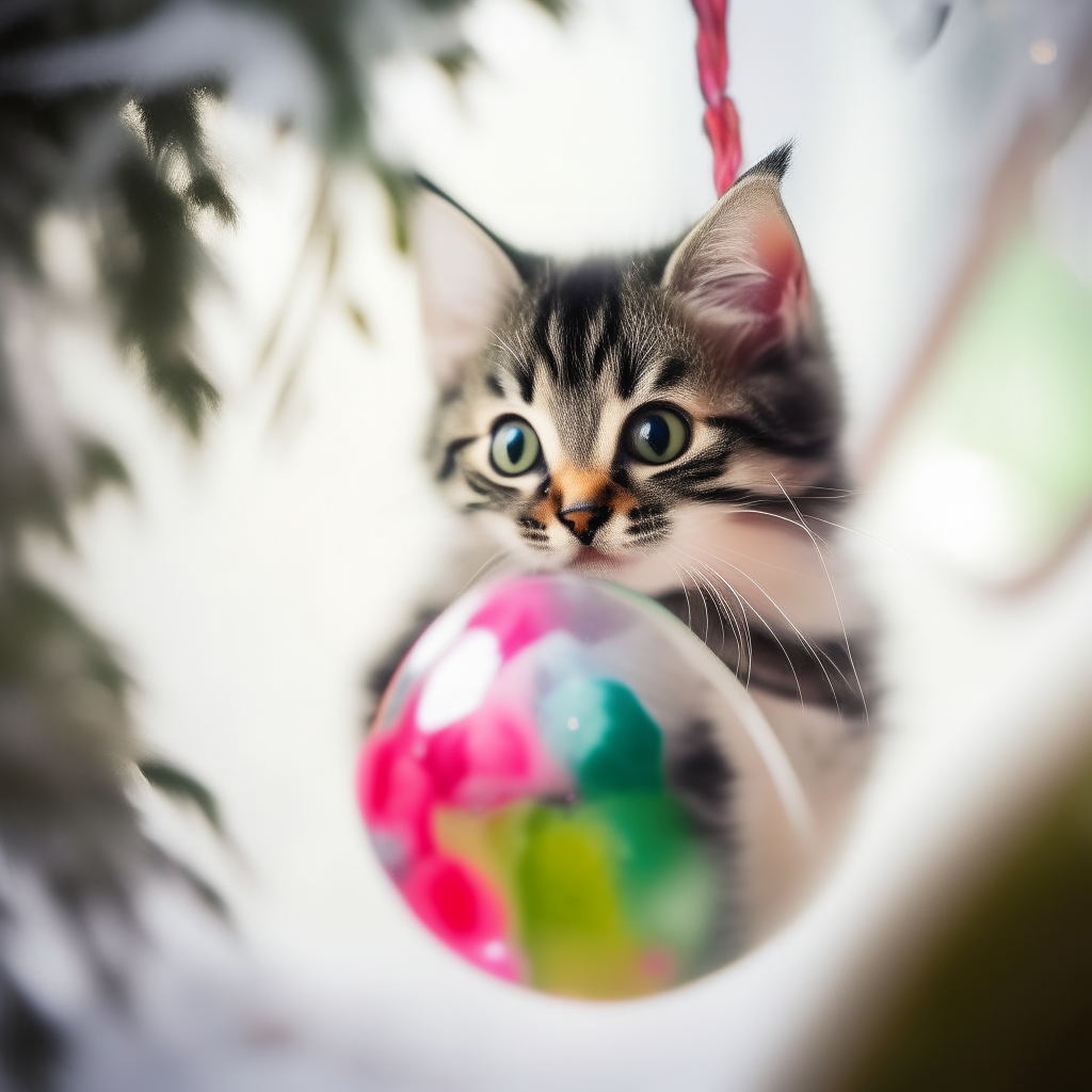 A playful kitten peeking out from inside a colorful glass Christmas ornament bauble. The ornament hangs from a tree branch on a snowy winter day.