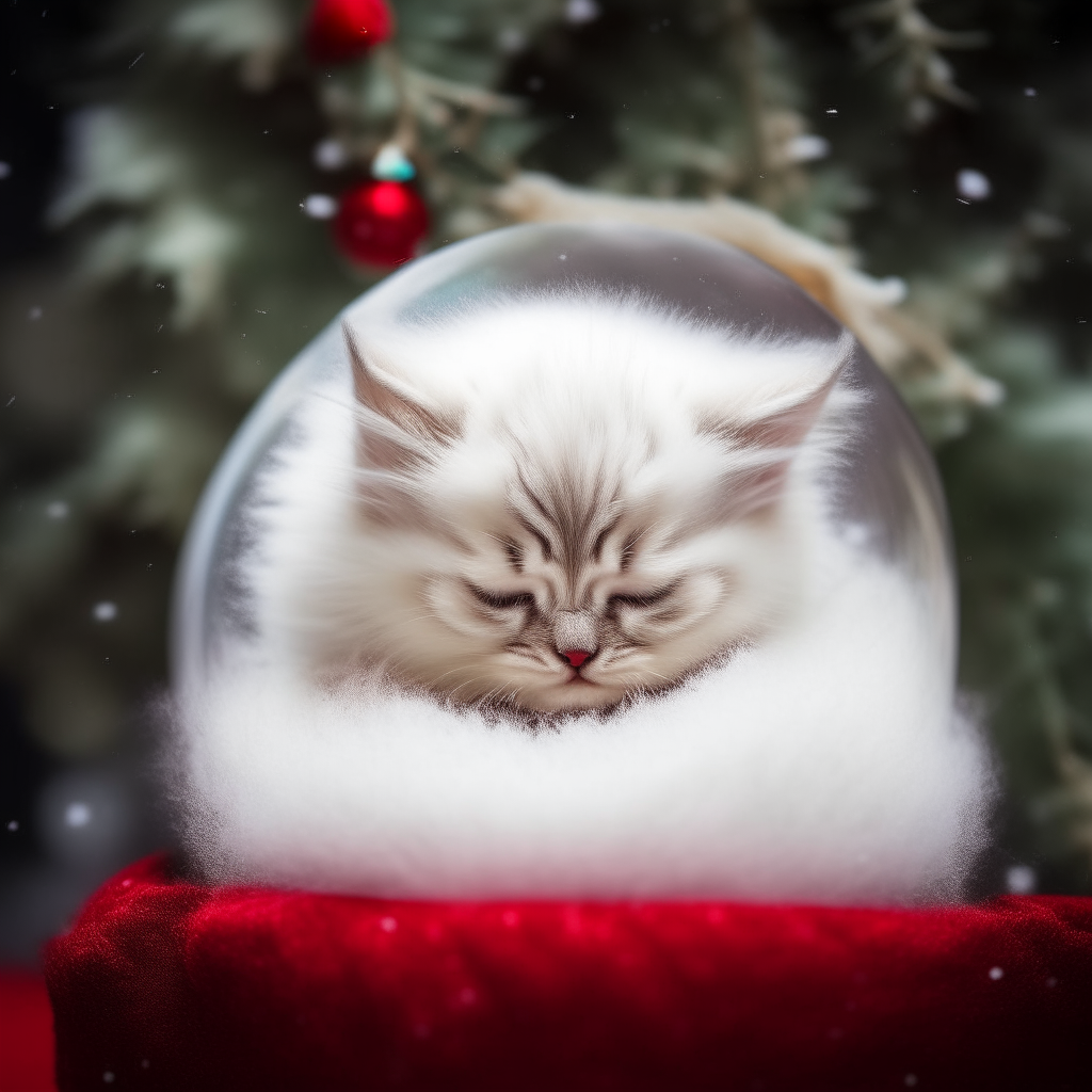 A fluffy white kitten curled up asleep inside a large shiny red glass Christmas ball ornament. Outside it is snowing softly.