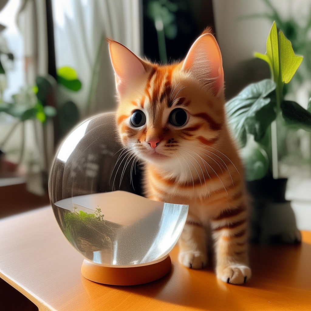 A playful orange tabby kitten peeking out from inside a large crystal ball. The orb sits on a wooden side table next to a potted plant.