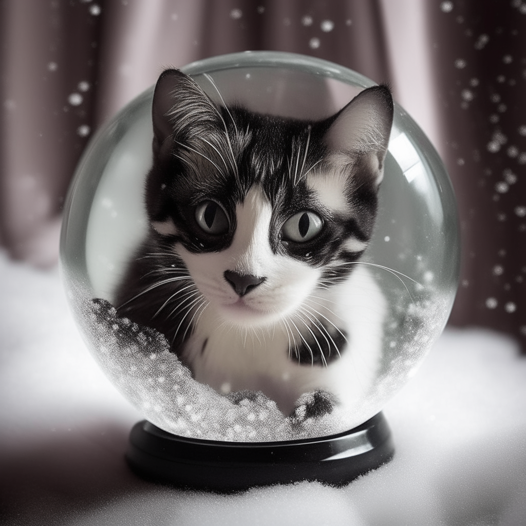 A curious black and white kitten peering out from within a glass paperweight orb that has snow falling inside it. The kitten's paw prints are visible on the glass surface.