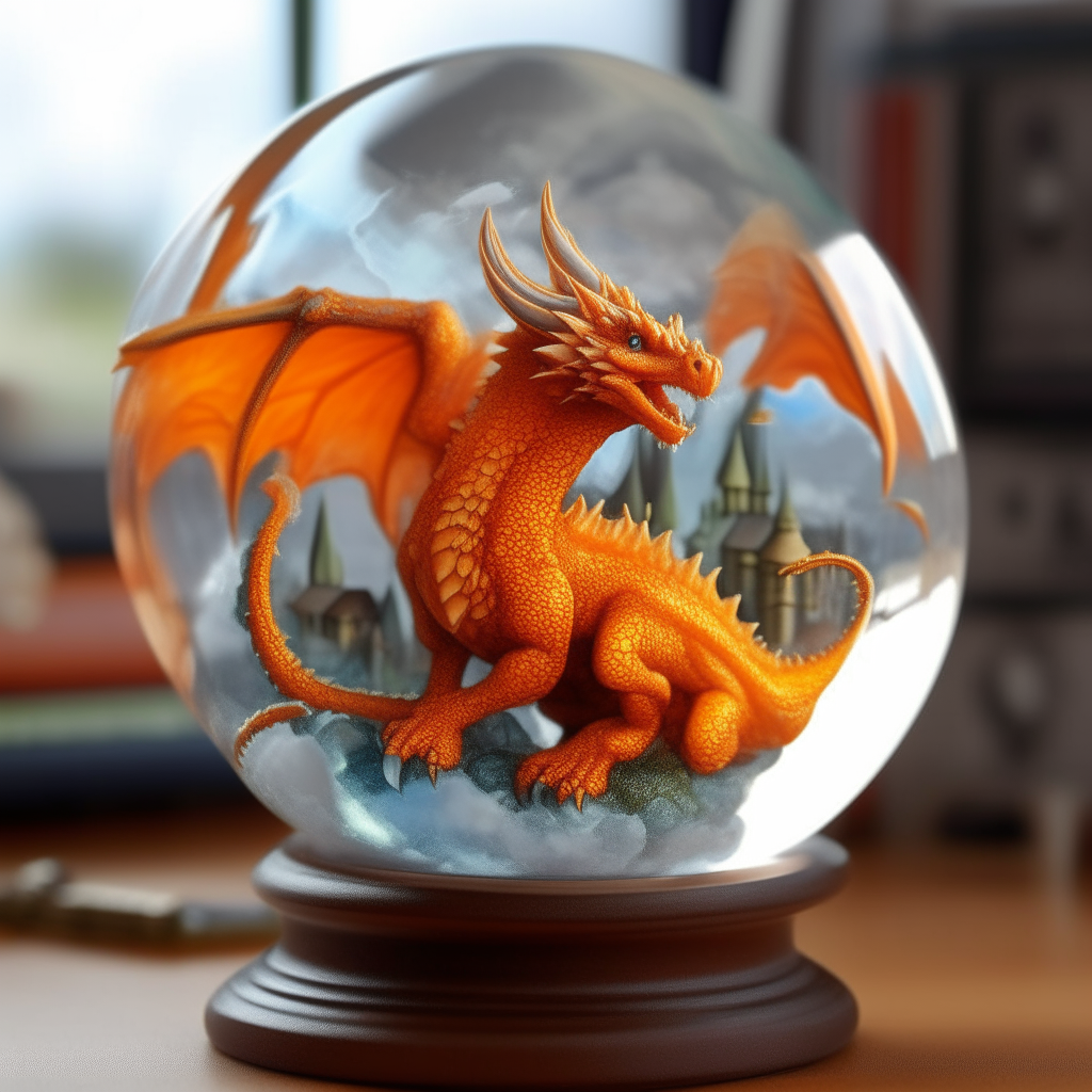 A curious orange dragon peeking out from within a glass paperweight orb that has clouds and castles visible inside it.