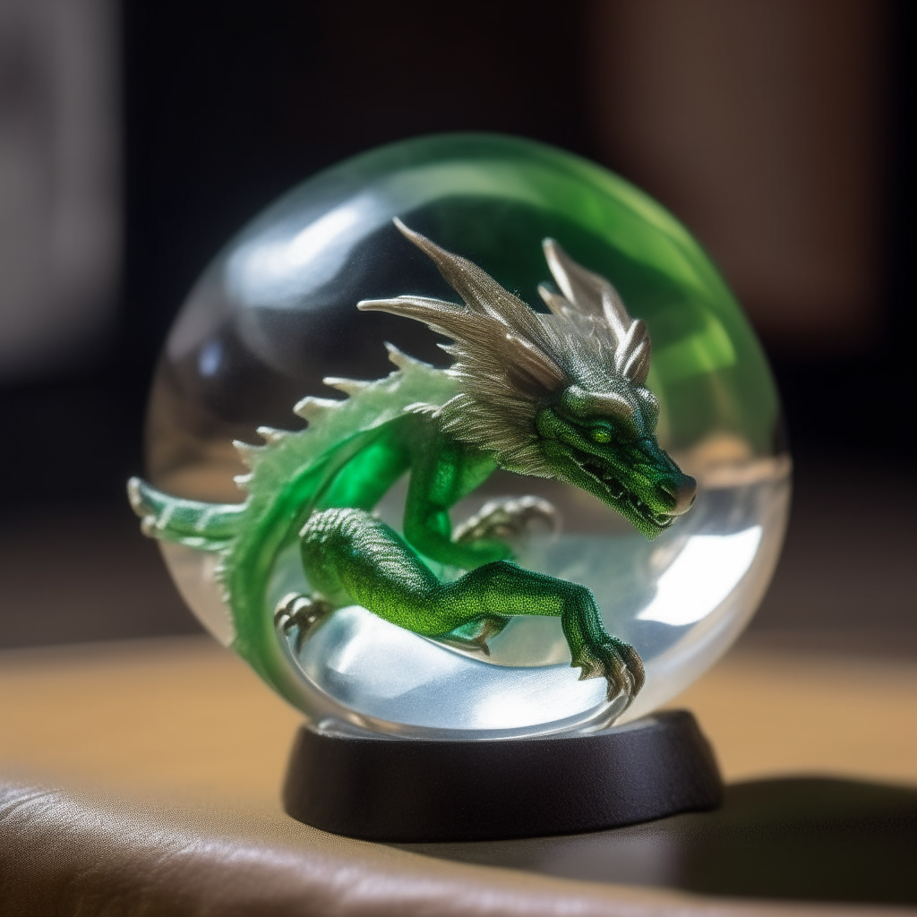 A miniature green dragon hatchling curled up asleep inside a large crystal ball. Its wings and tail are visible through the transparent sphere.