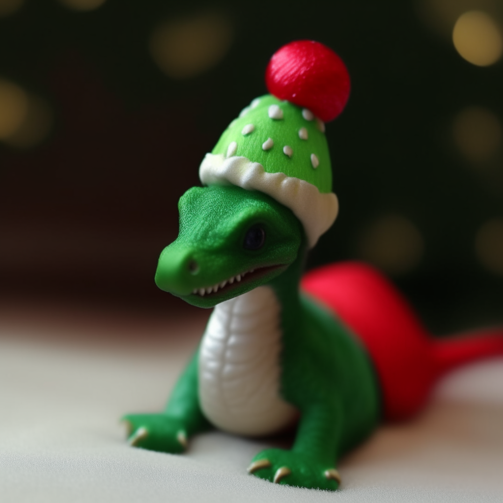 A miniature green dragon hatchling wearing a red Christmas hat with white trim and a green pom pom on top. It looks curiously at the camera.