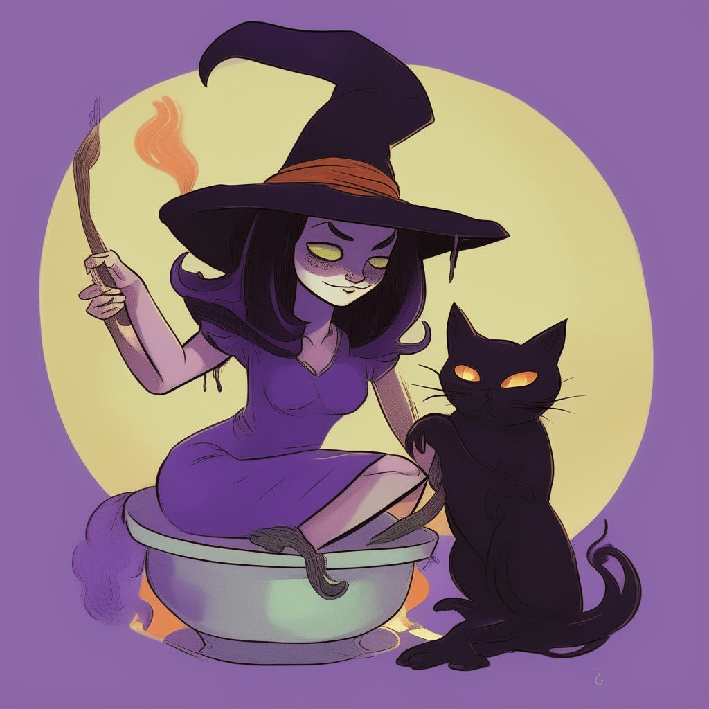 A caricature of a witch in a purple dress stirring a cauldron, with a black cat peering over her shoulder and a white cat playing with her hat.