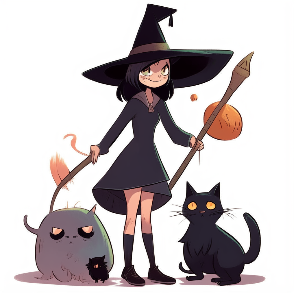 A cartoon witch wearing a pointed hat and holding a broomstick, with a black cat and a white cat sitting at her feet.