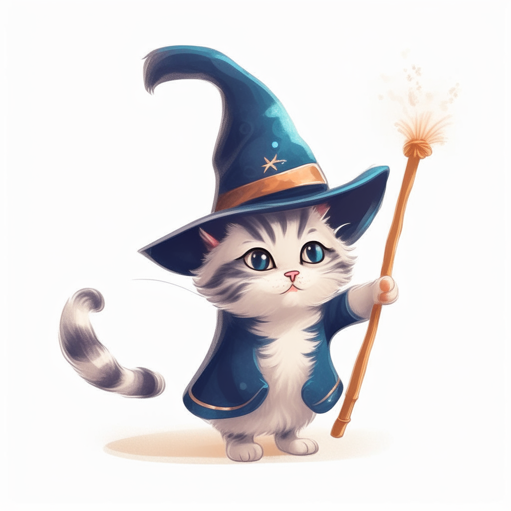 A playful kitten wearing a wizard's hat and cape, waving a magic wand