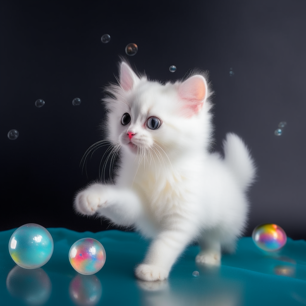 A fluffy white kitten levitating colorful bubbles with telekinesis
