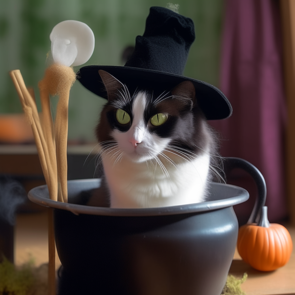 A tuxedo cat wearing a witch's hat, stirring a bubbling cauldron with a wooden spoon