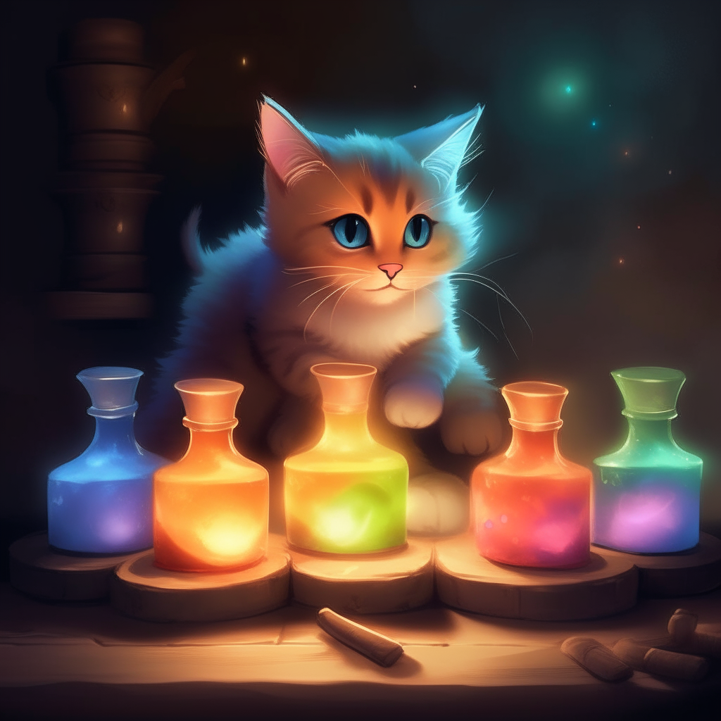A calico kitten levitating potion bottles, surrounded by a glowing aura