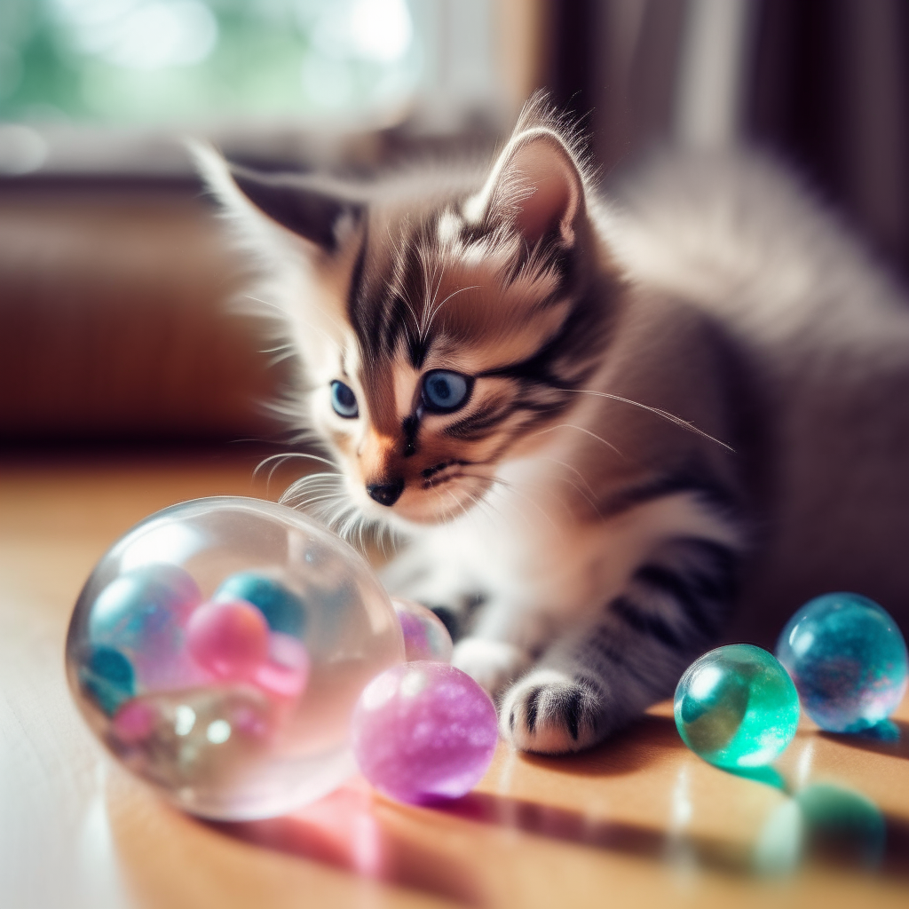 A kitten playing with crystal balls