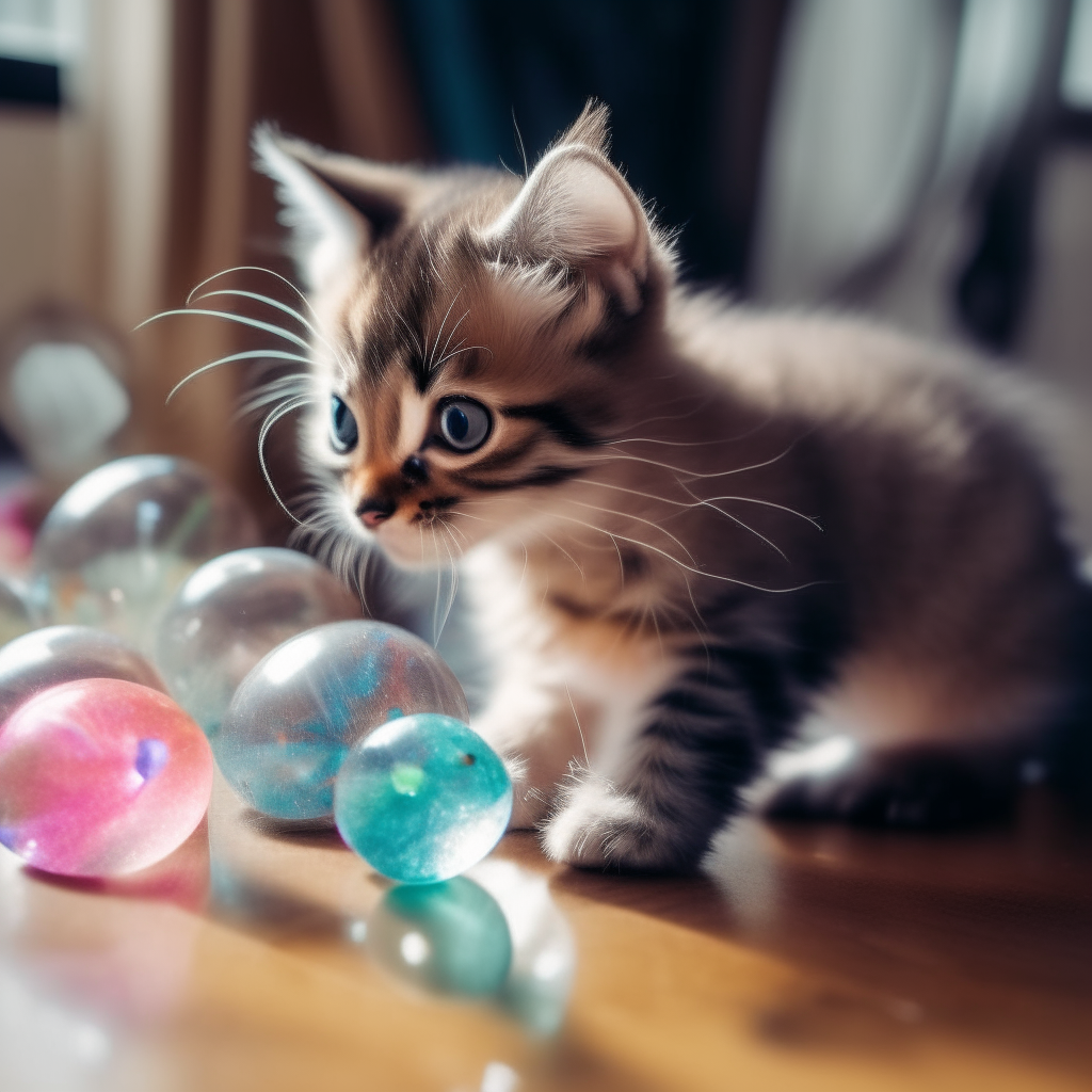 A kitten playing with crystal balls