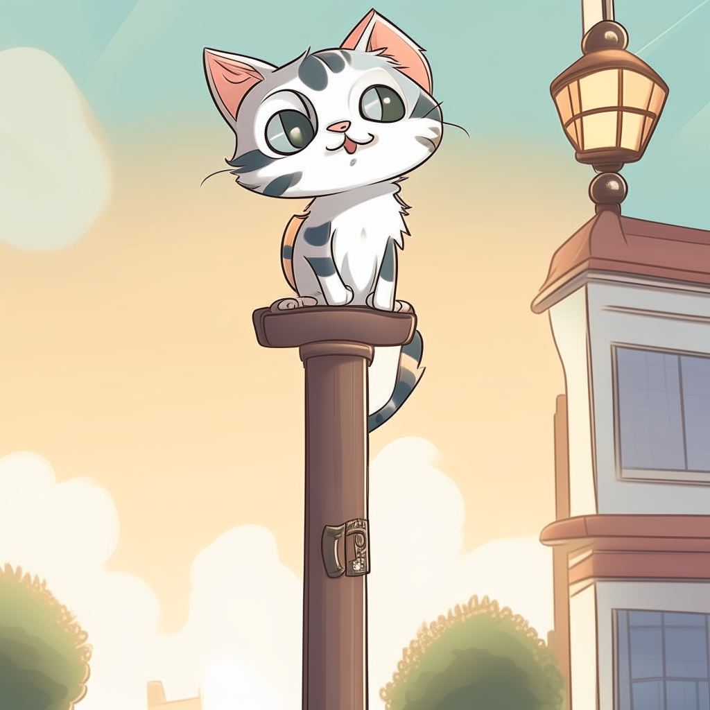 A cartoon kitten hanging from a lamp post
