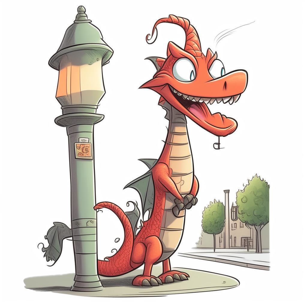 A cartoon dragon wrapping itself around a lamp post