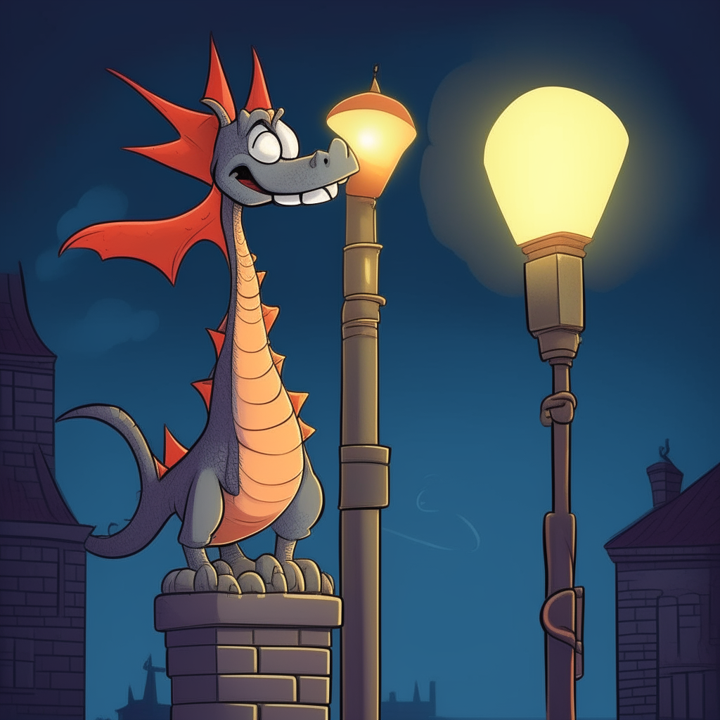 A cartoon dragon perched on top of a lamp post at night
