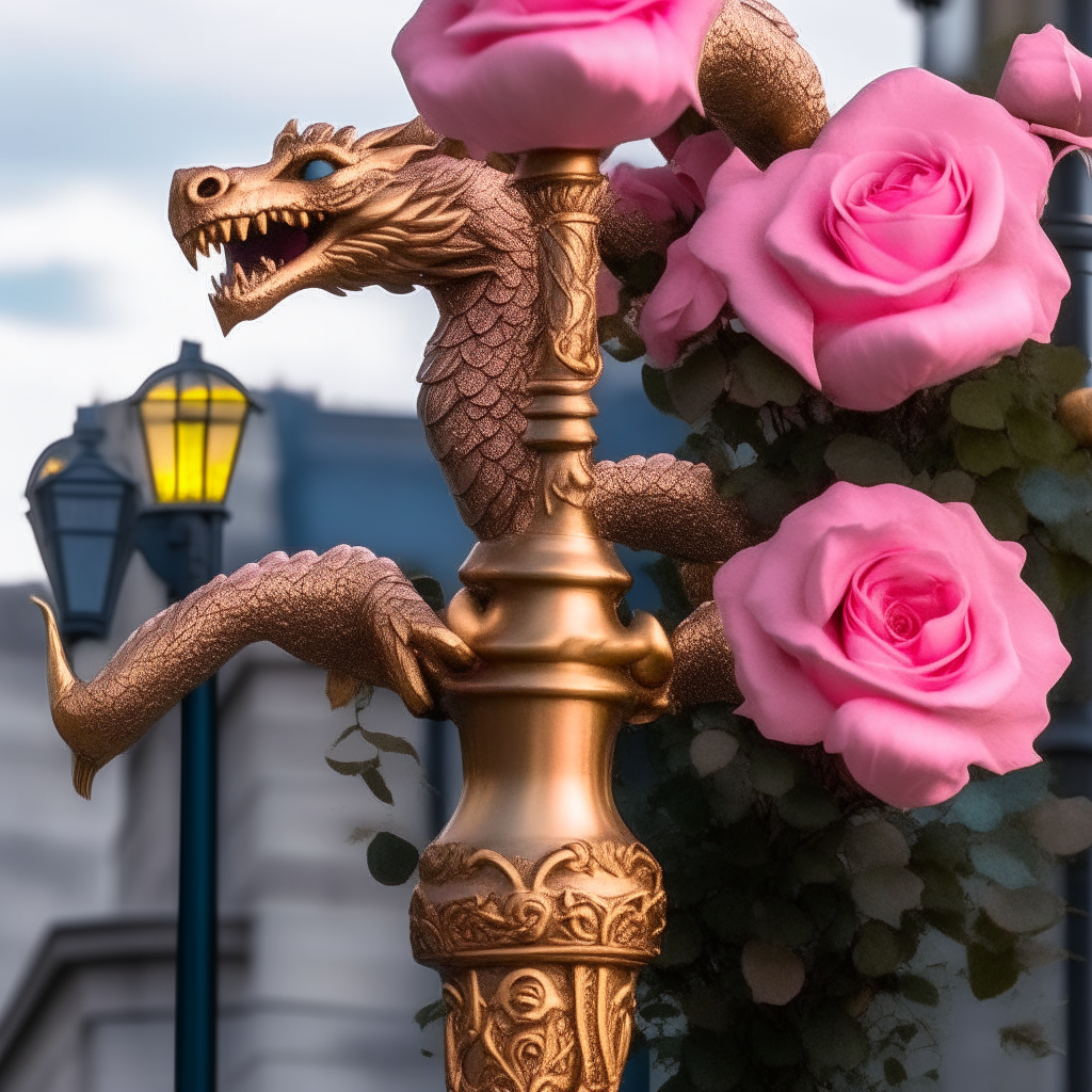 A small dragon perched on a golden lamppost covered in pink roses