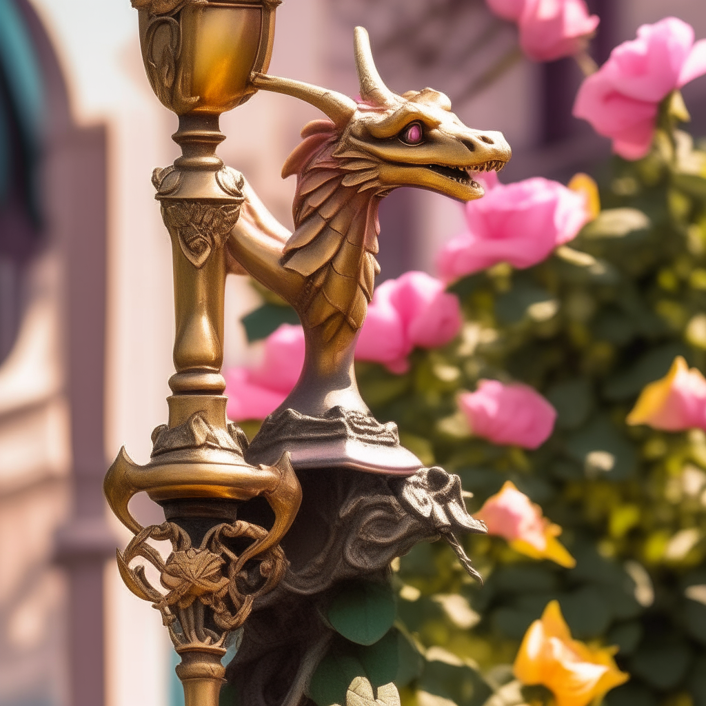 A tiny dragon resting among pink roses twining up a golden lamppost on a sunny day
