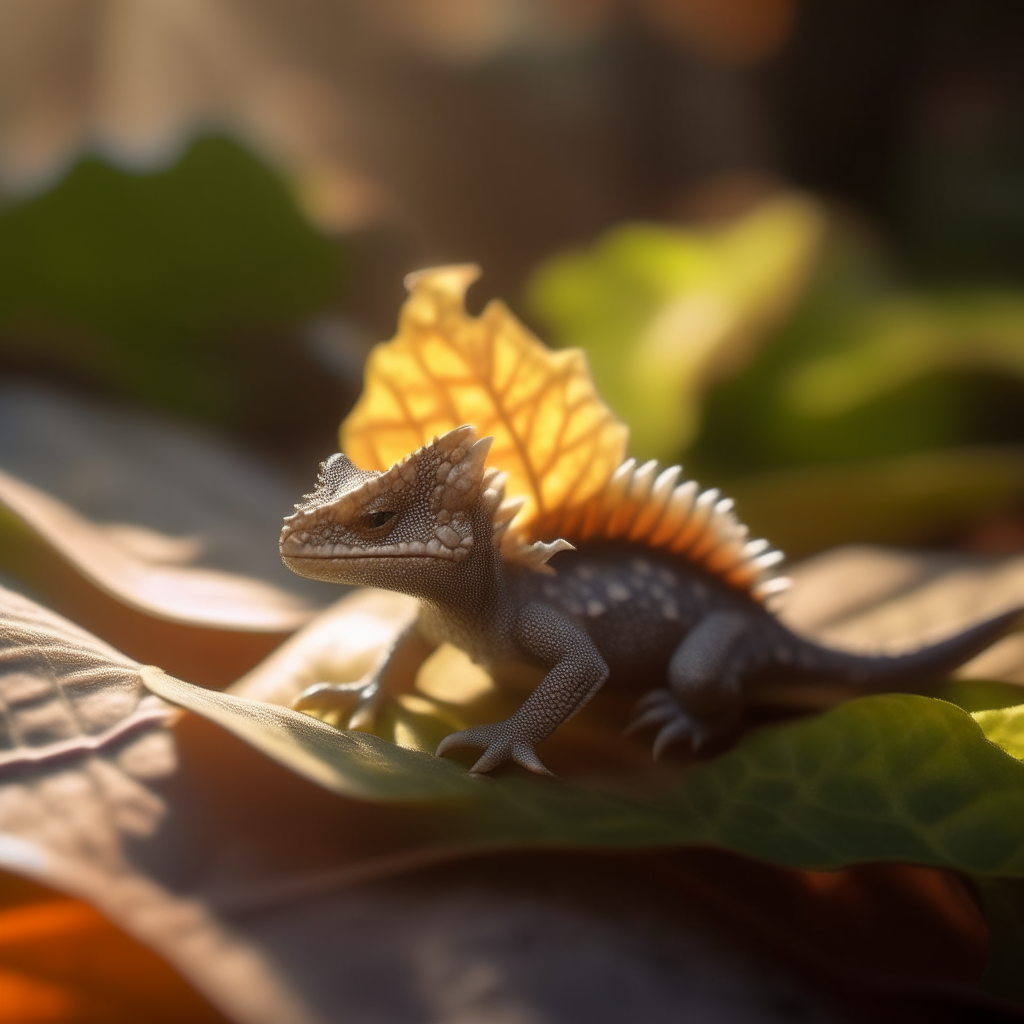 A tiny dragon hatchling resting on a leaf, its scales shimmering in the sunlight