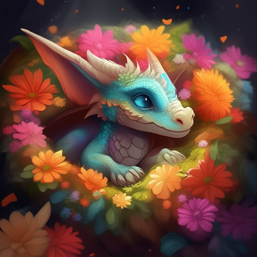 A baby dragon curled up asleep among colorful flowers, its wings tucked close