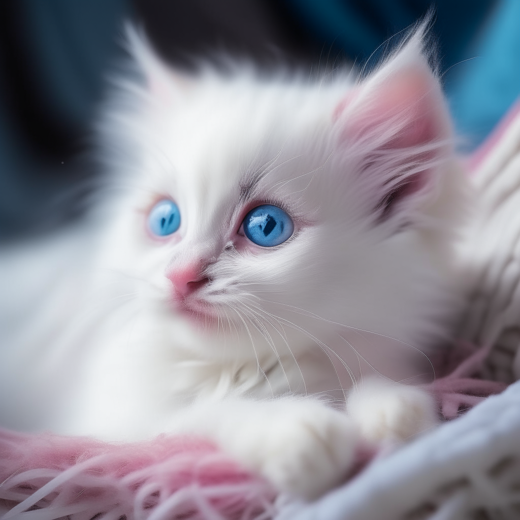 A playful white kitten with blue eyes and a pink nose, curled up napping in a ball of fluff