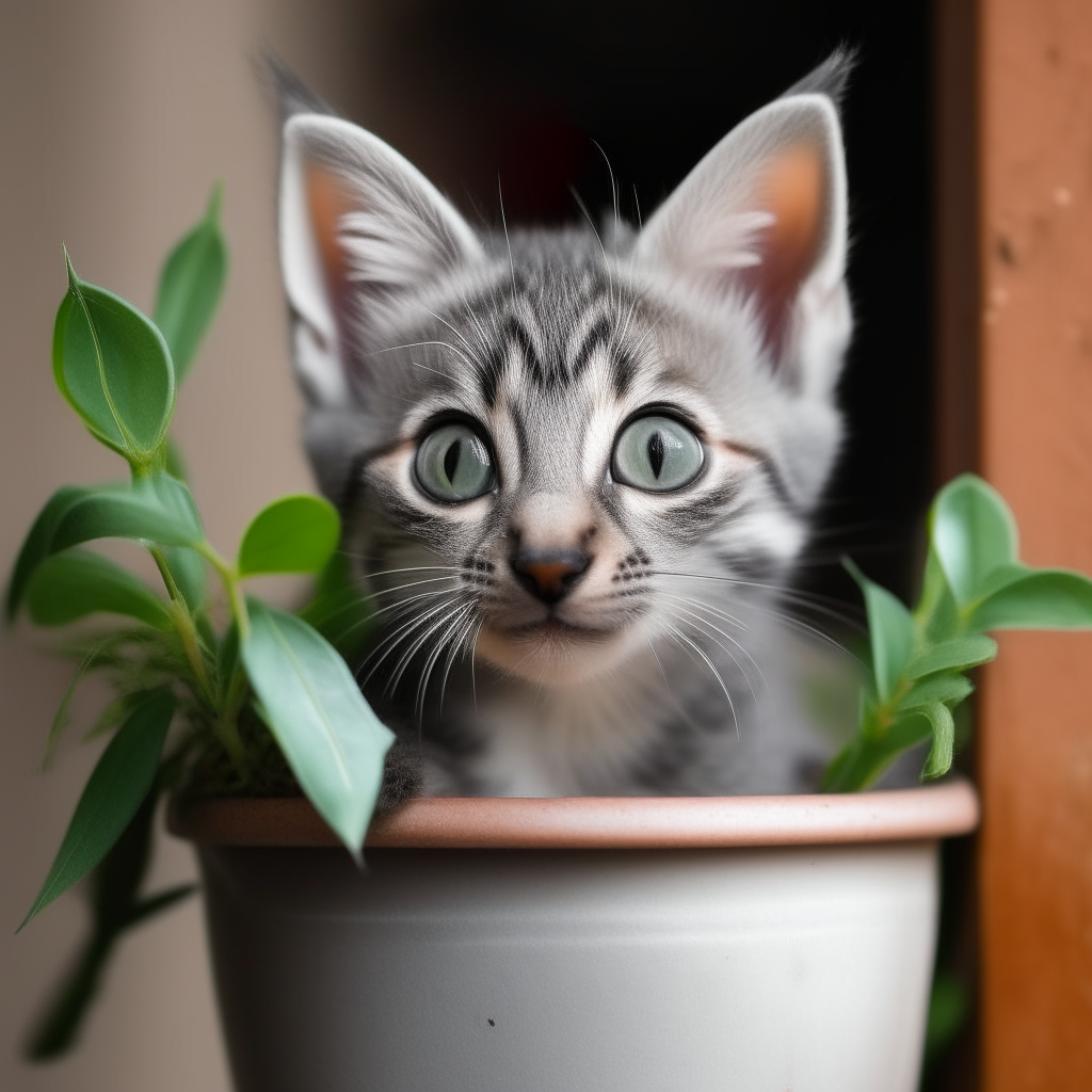 A gray tabby kitten peeking out from behind a potted plant, curious eyes and pointy ears visible