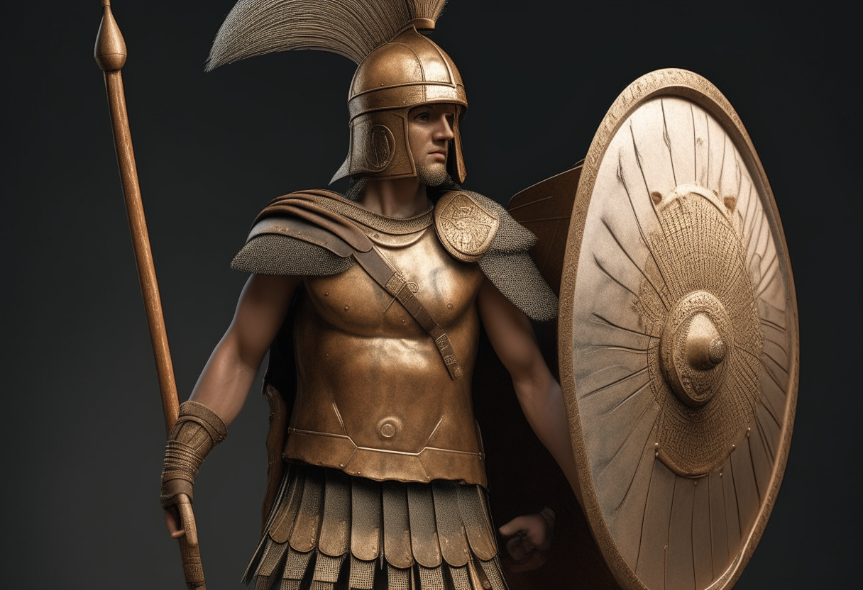 a Mycenaean warrior from ancient Greece, circa 1600-1100 BC, standing proudly in full armor holding a spear and shield, photorealistic detail