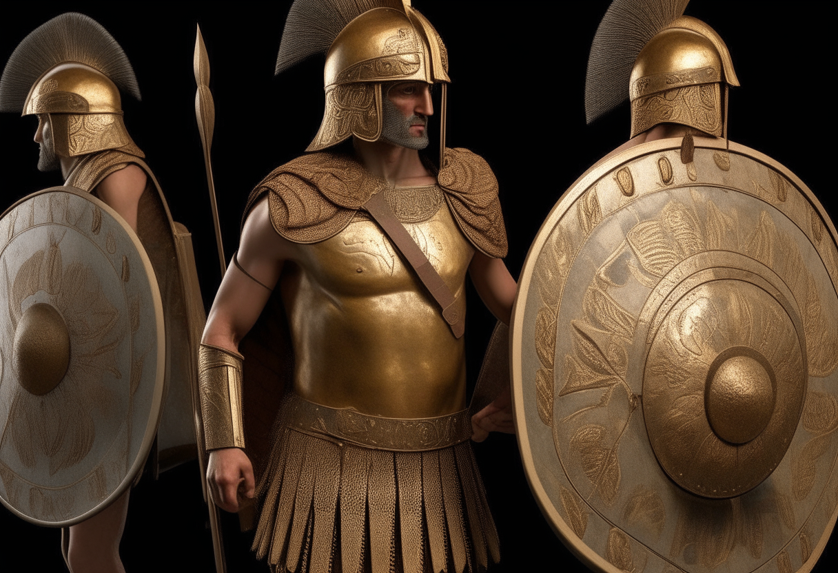 a Mycenaean warrior from ancient Greece, circa 1600-1100 BC, standing proudly holding eight shields of different designs, photorealistic detail