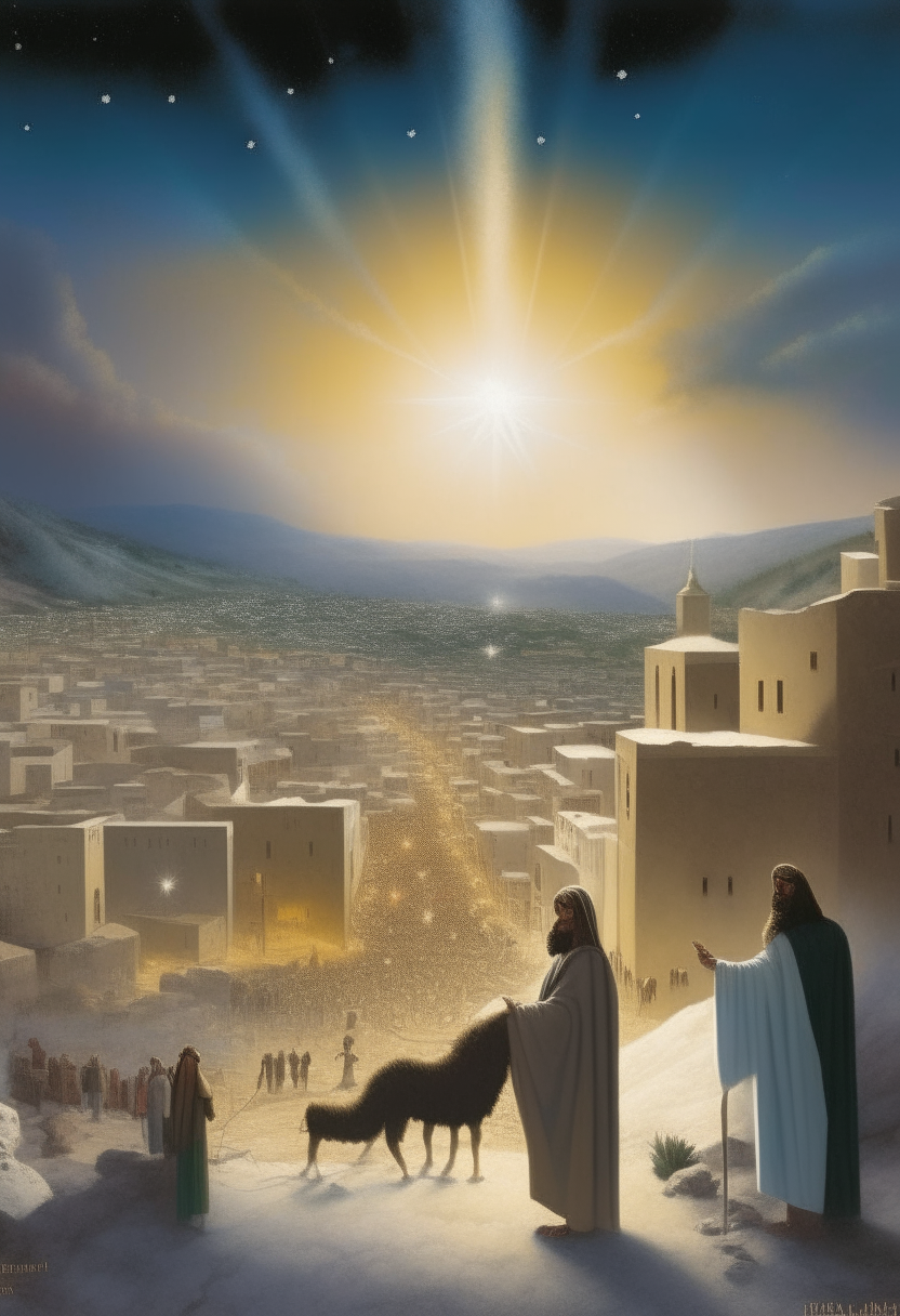 Create an omage of the birth of Jesus against the backdrop of the city of Bethlehem of Judah