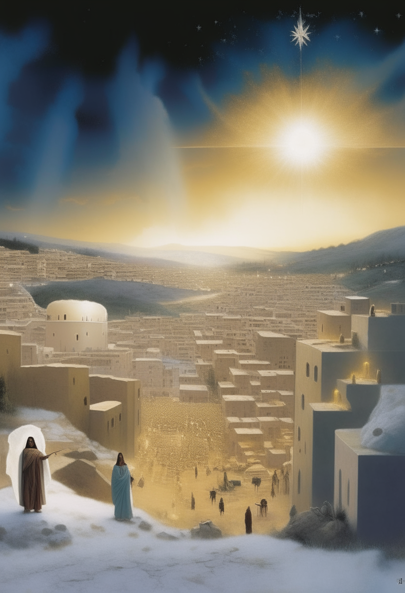 Create an omage of the birth of Jesus against the backdrop of the city of Bethlehem of Judah