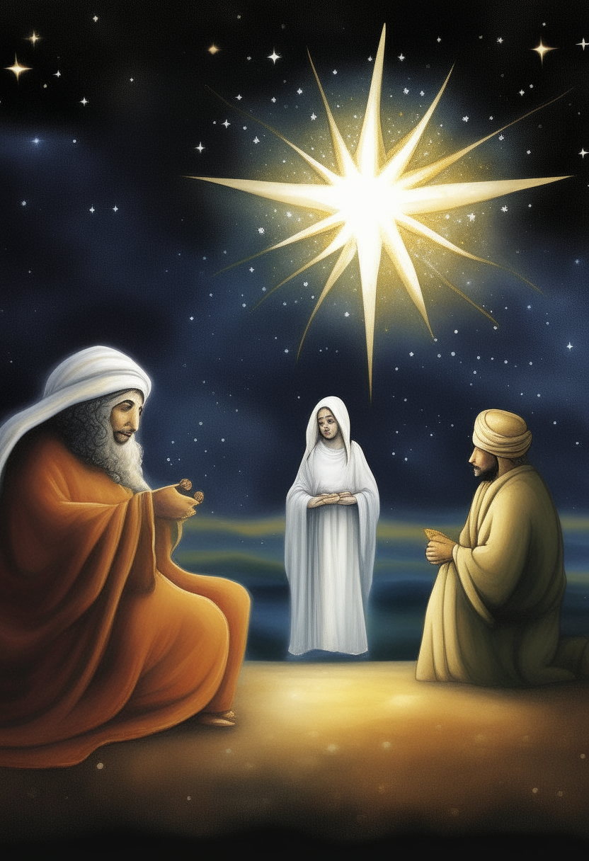 create a visual representation of the moment when the Magi find the place of birth guided by the star.